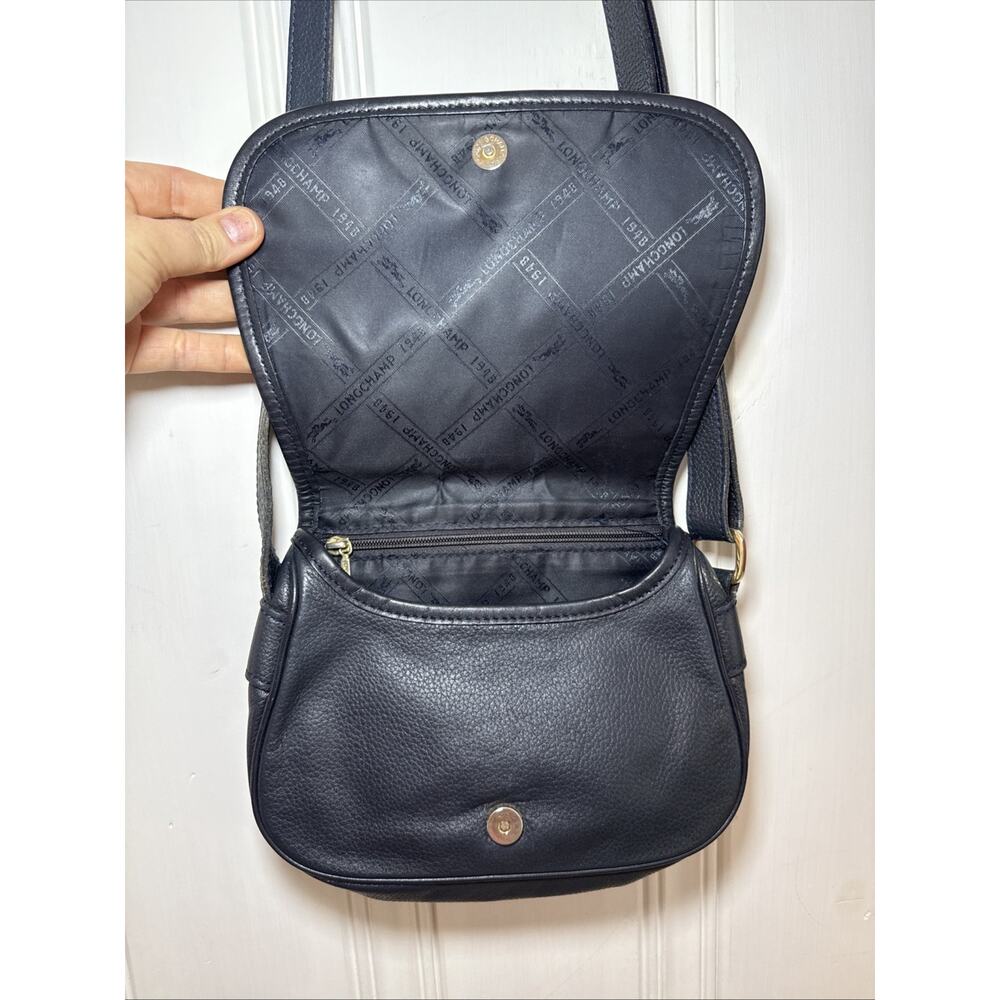 Longchamp Vintage Navy blue Pebbled Leather Small Crossbody Flap Designer Purse - Picture 7 of 9